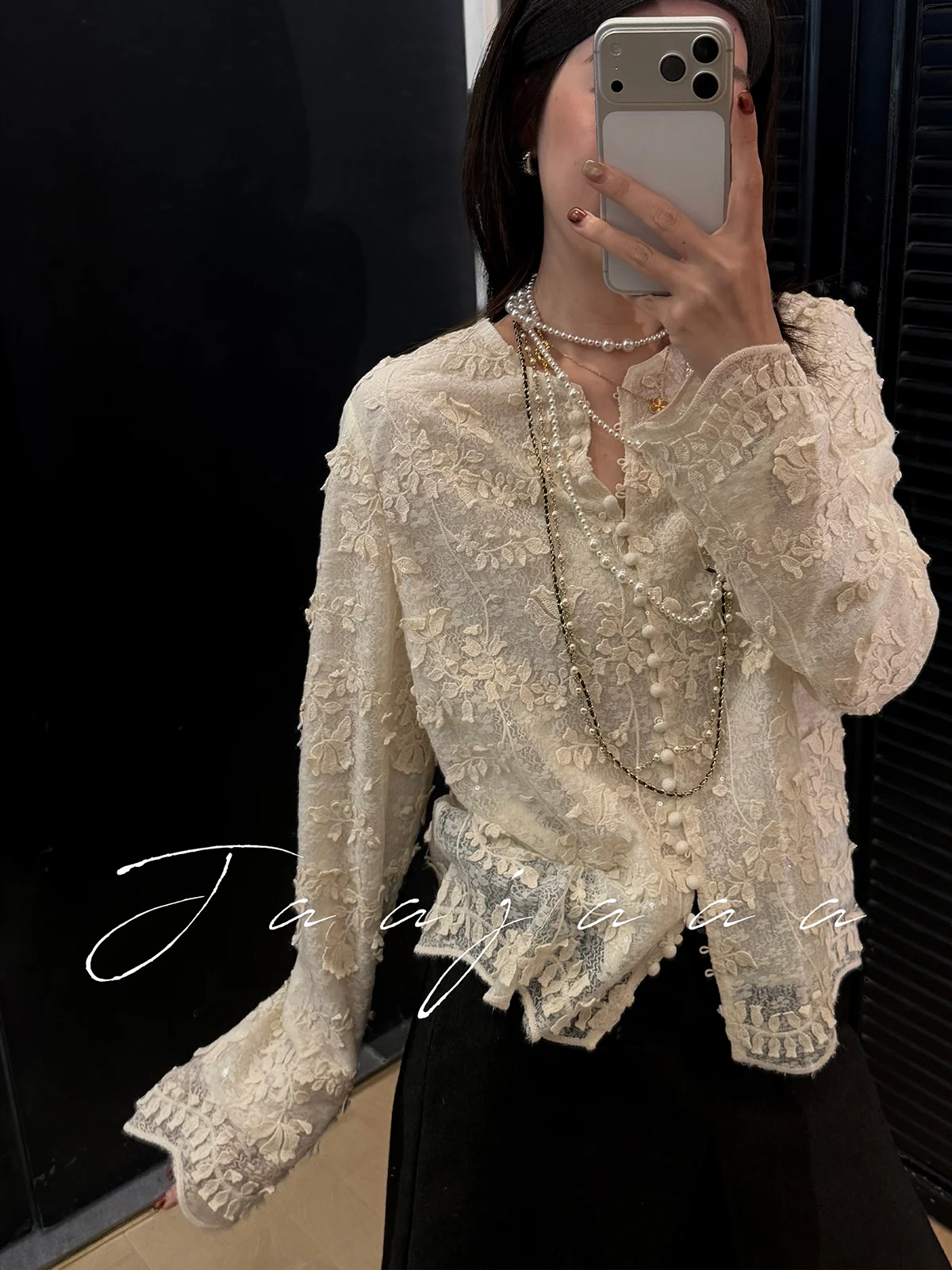 

Ele Floral Lace Embroidery irt Jaajaaa Nice Sea Breeze Spring 2026 Versatile Cotton Polyester Blend Long Sve round Ne