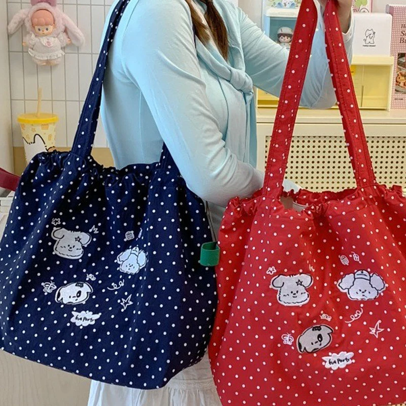 Korean Style Polka Dot Puppy Embroidery Tote Bag Cute Cartoon Canvas Handbag Large Capacity Lightweight Commute Shoulder Bag