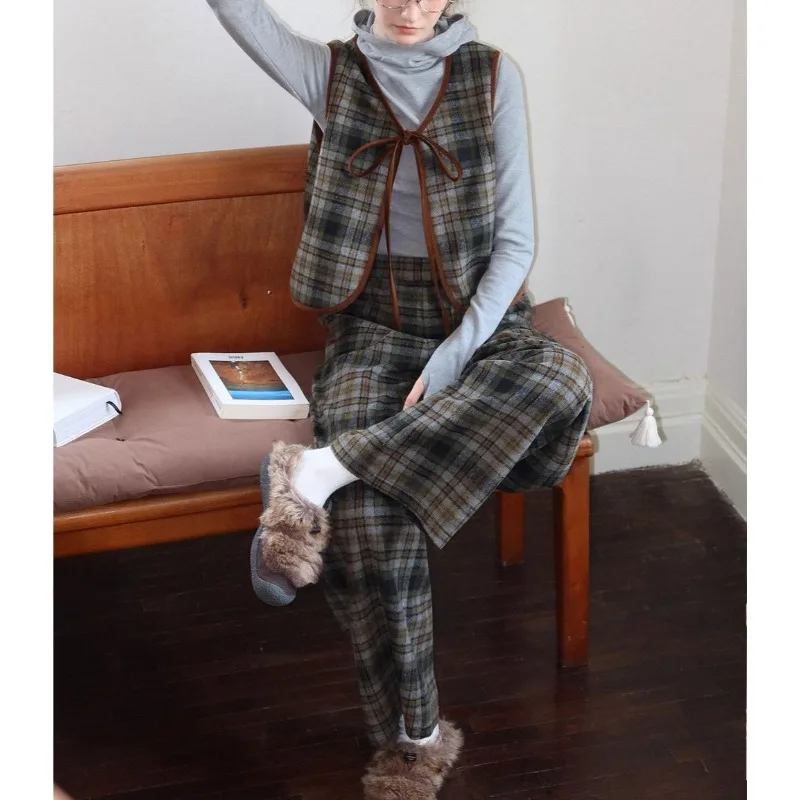 

Lazy Wind Double-Sided Plaid Bow Lace-Up Vest Pants Set