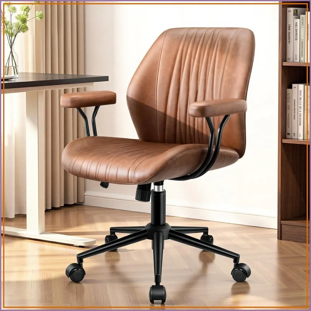 Mid Back Leather Office Chair Ergonomic with Lumbar Support, Adjustable Height, Rocking Swivel