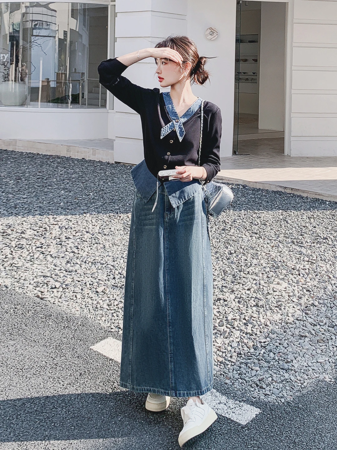 

Retro V-neck Denim Patchwork Top And High-waisted Skirt Set Women's Fashion Casual Slimming Two-piece Spring Autumn Ensemble