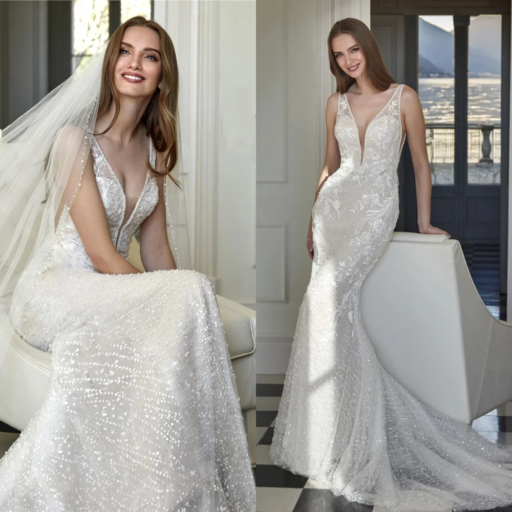 Personalizado elegante branco tule vestido de casamento elegante com decote em v cintas de espaguete festa de noiva delicado sem costas novia