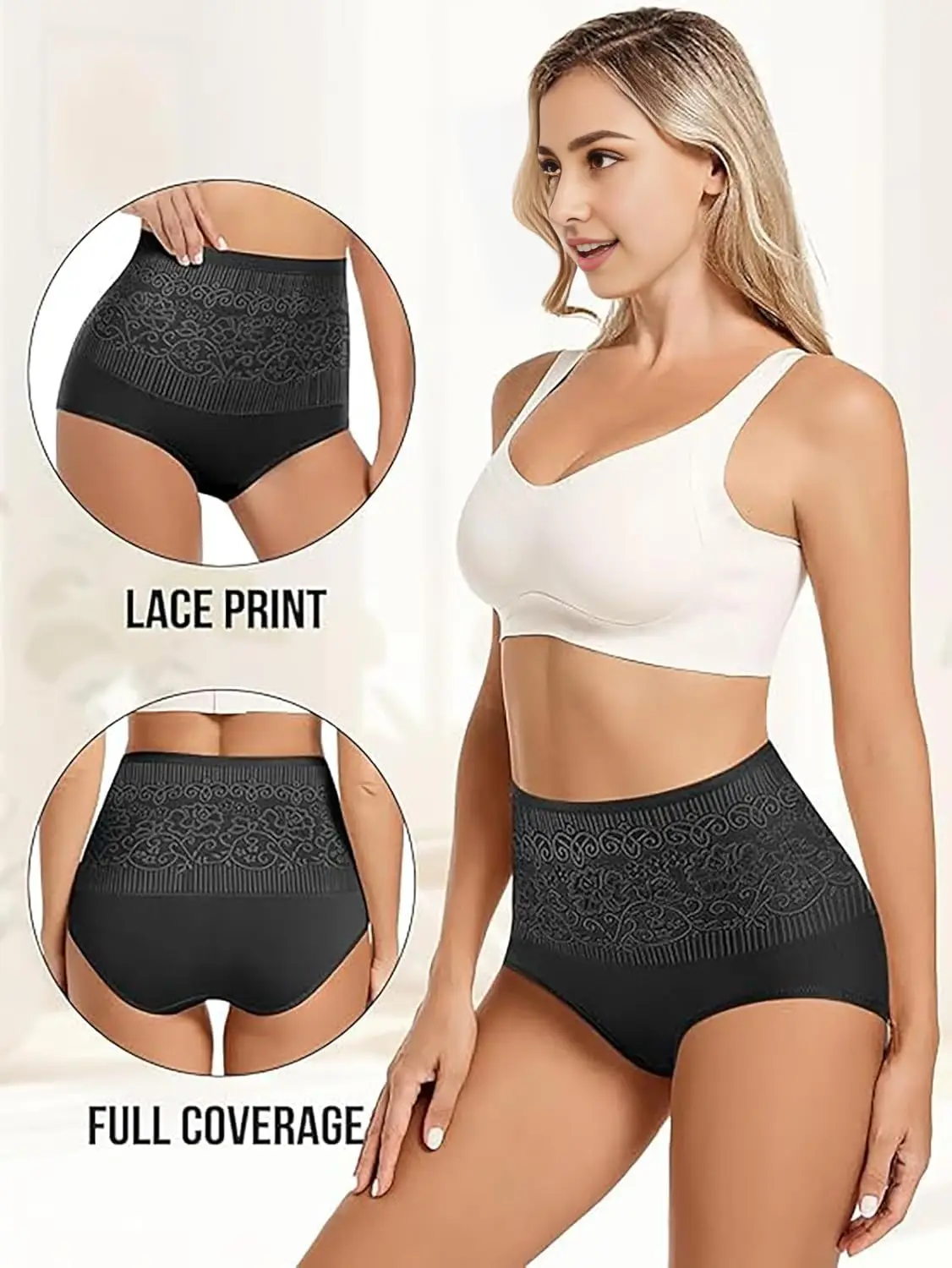 女性のレーストリムハイウエストコットン下着フルカバレッジレディースパンティーおなかコントロールブリーフ 4 パック