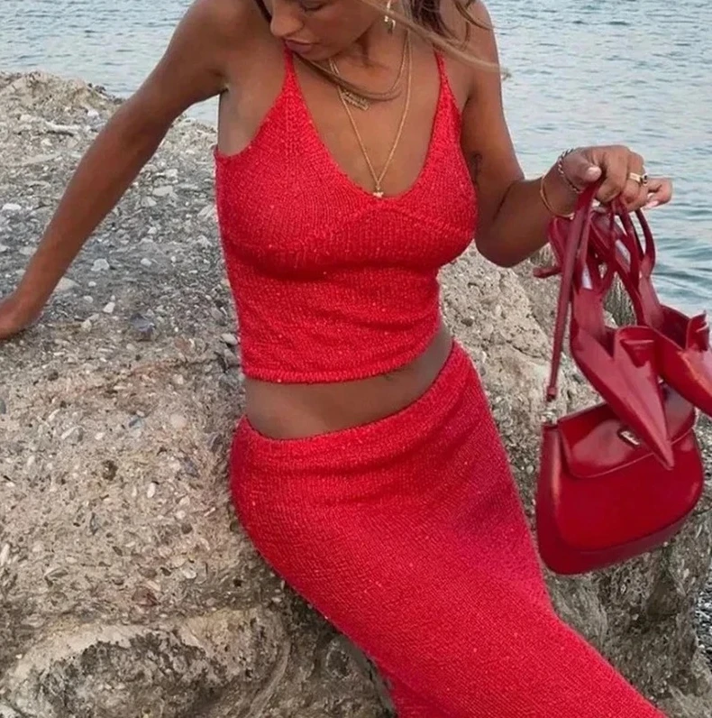 

Women Sparkly Two Piece Skirt Outfits Sleeveless Strap Scoop Neck Cami Tops Bodycon Sexy Maxi Skirts