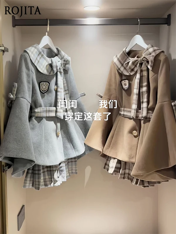 

Graceful Sweet Girl Wool Coat and Skirt Two-piece Set Ladies Clothing Autumn Winter Advanced Japanese Plaid Skirt Suit