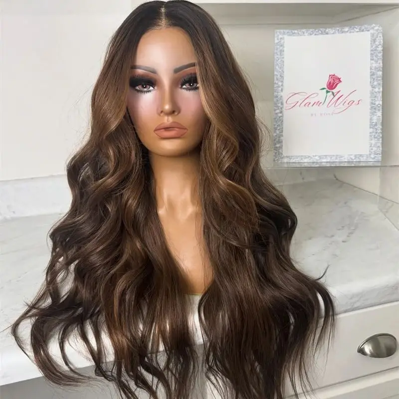 

Длинный объемный волнистый парик Ombre Медово-коричневый мелирование HD Парик фронта шнурка с темными корнями Натуральная предварительно выщипанная линия волос с детскими волосами
