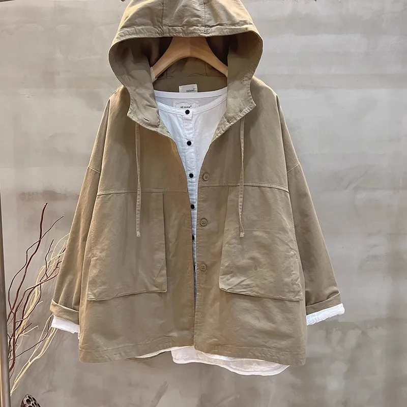Korean Style Casual Washed Cotton Hooded Jacket Women's Autumn New Art Loose Windbreaker Pure Color Commute Fashion