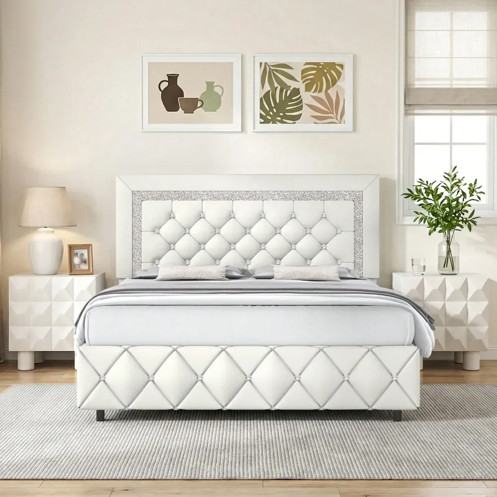 

Bed Frame, Modern Platform Bed Frame With Diamond Headboard And Footboard, No Boxing Spring Needed, Easy Assembly, Black Grey Pi