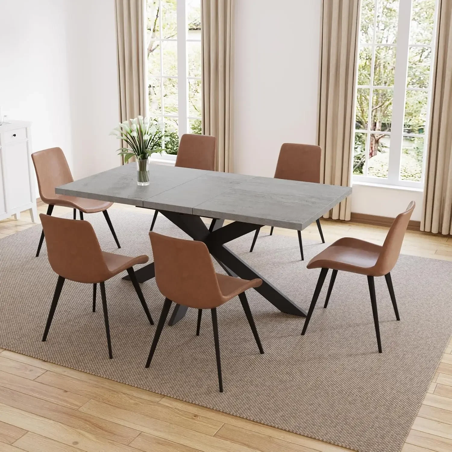 7 Piece Dining Table Set for 6, Modern Rectangular Wooden Table with Leather Chairs, Ideal for Kitchen Dining