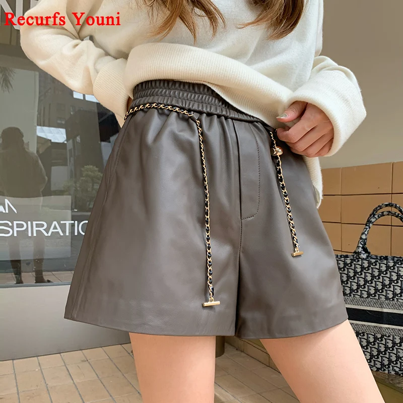 

Women Genuine Leather Pants 2023 Versatile A-line Golden Chain Wide Leg Elastic Waist Shorts Grey Pantalones Casual Ropa Mujer