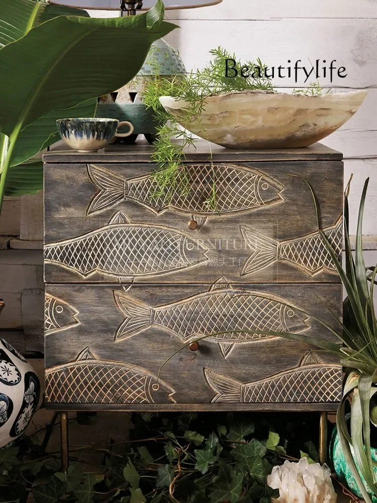 

home furniture all items French Retro Solid Wood Chest of Drawers European Style Small Fish Carved Bedside Table American Storag