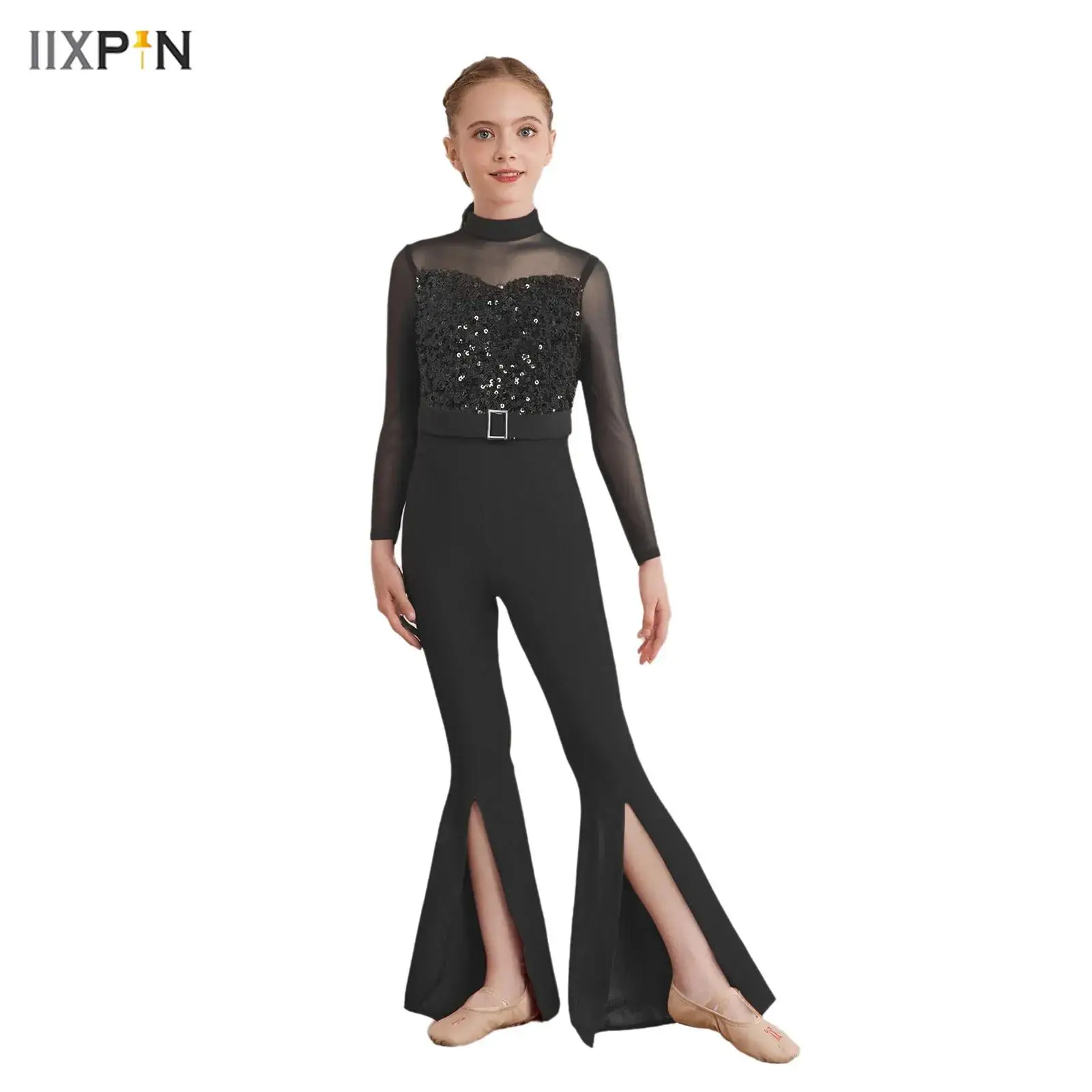 

Kids Girls Jazz Latin Dance Rompers Long Sleeve Cutout Back Sequins Bodice Split Bell-Bottom Jumpsuit for Cha-cha Performance
