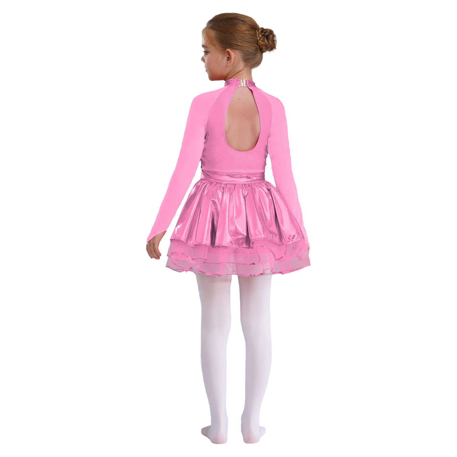 Kinder Mädchen Ballettkleid Funkelnde Pailletten Metallic Sheer Mesh Lange Ärmel Tutu Kleid Jazz Dance Schule Performance Kostüm