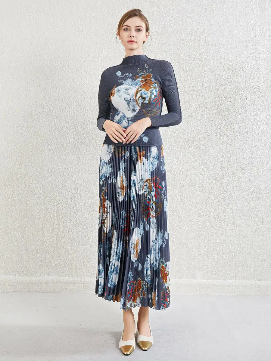 

Повседневный женский комплект больших размеров Faion, длинный топ с большим цветочным принтом, юбка f-длины, комплект из двух предметов, полиэфирное волокно 00%