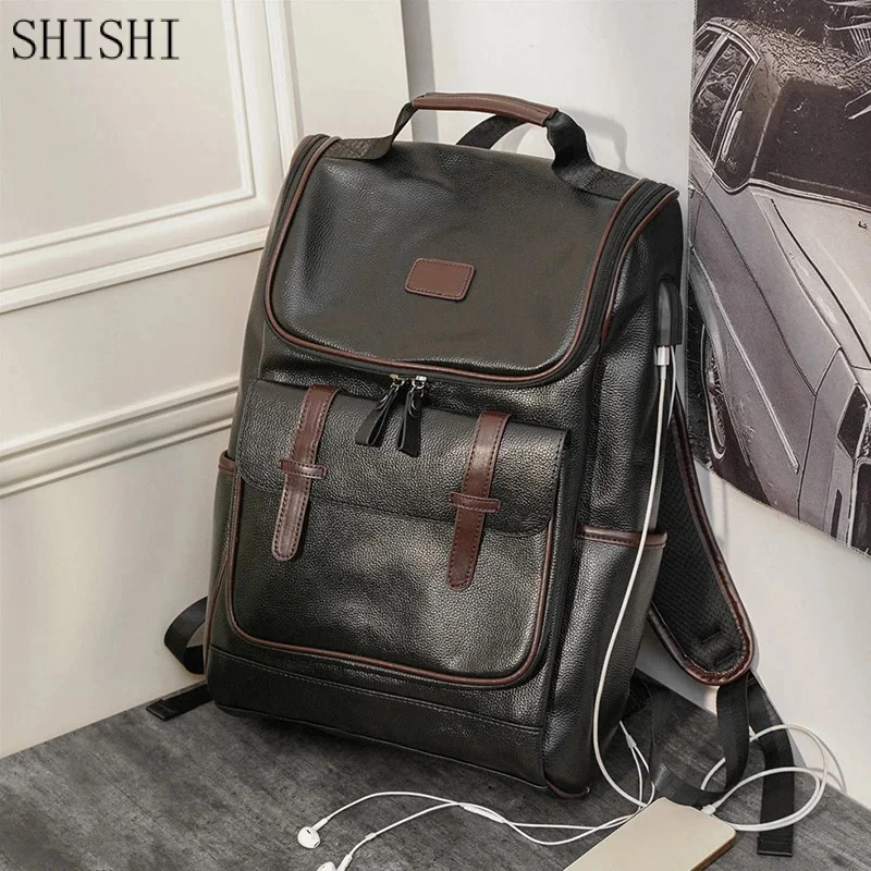 Vintage Leather Men Man Luxury Travel Backpack Business Male Laptop Casual Students School Bag For Boys