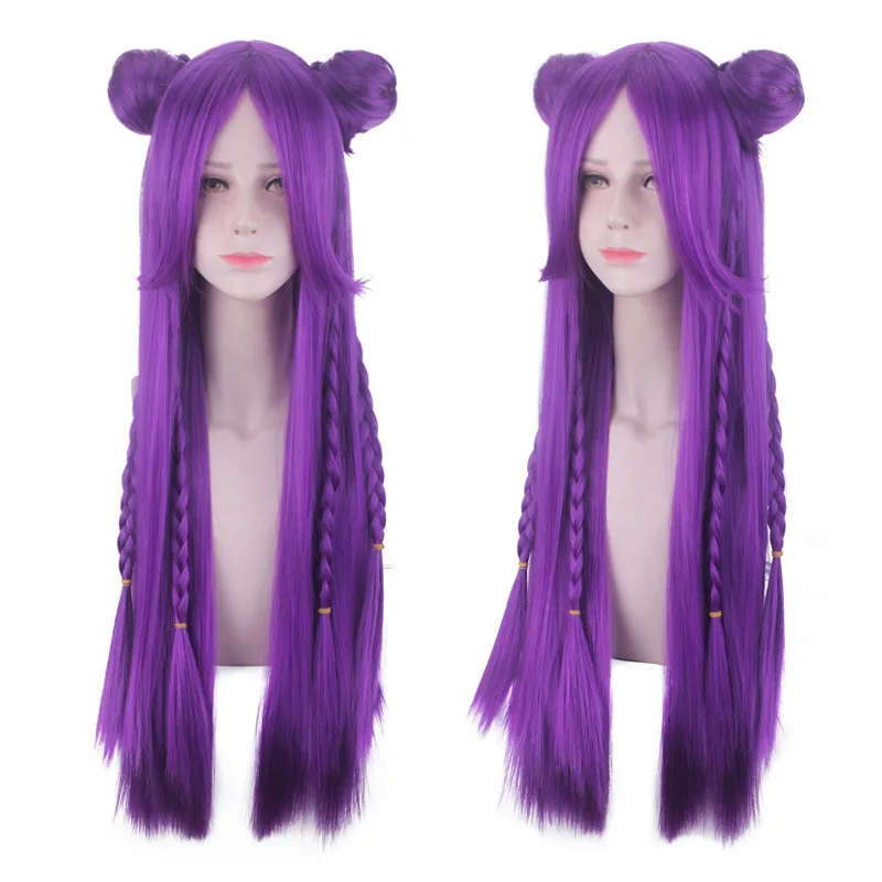 Cosplay Anime 80CM LOL K/DA Daughter of the Void Kaisa KDA Long Purple Braided With Buns Heat Resistant Hair Cosplay Costume Wig