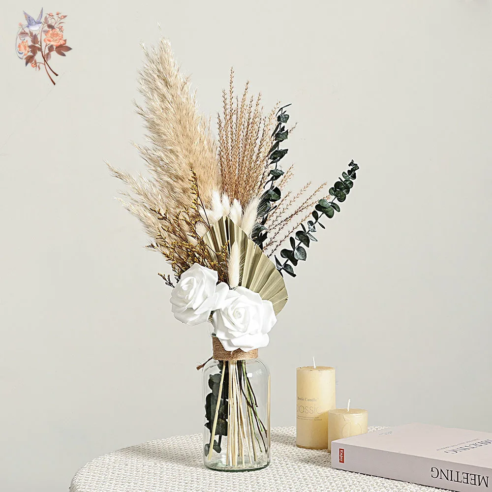 Nature Dried Reeds Eucalyptus Artificial Flowers Bouquet Mix Rose Office Study Desk Ornament Real Palm Leaf Boho Chic Home Decor - Detail 1
