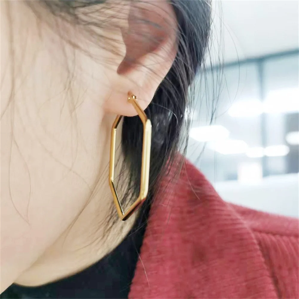 

1 Pair Simple Smooth Big Hexagon Hoop Earrings For Women Lady Exaggerated Gold Color Stainless steel Jewelry Gift Dropshipping