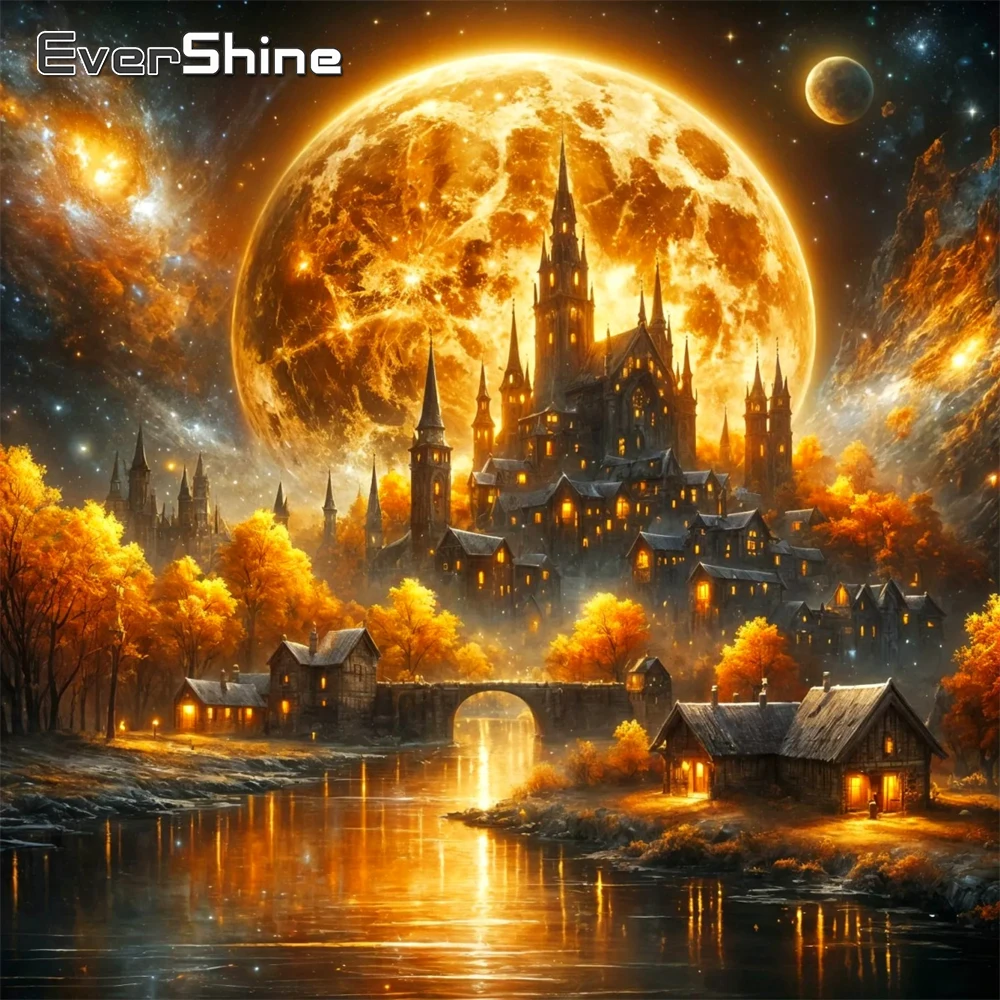 Evershine Haus Diamant Mosaik Mond Schloss Landschaft DIY Kreuzstich Fluss Malerei Brücke Acryl Bastelbedarf Einzigartiges Geschenk