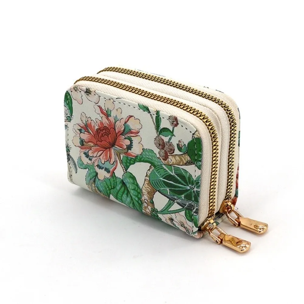 Double Zipper Coin Purse Wallet Multiple Card Slots Large Capacity Money Organizer Wallet Anti-Magnetic Flower Printed
