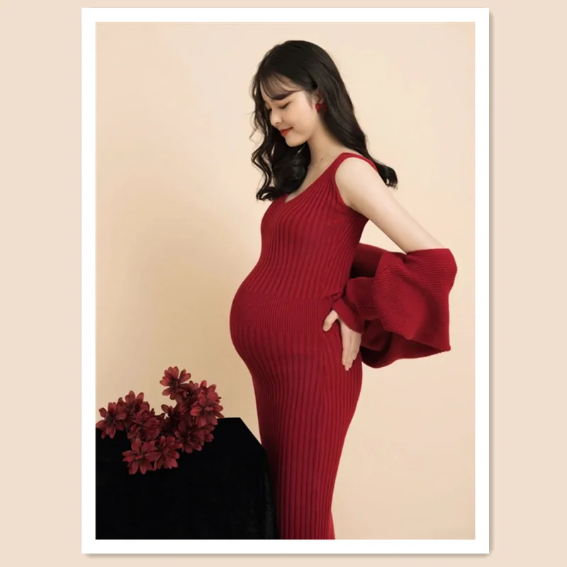 Knitted V-neck Maternity Dress Cardigan Set Suit Baby Shower Red Jersey Pregnancy Clothes for Pregnant Women Postpartum Clothes