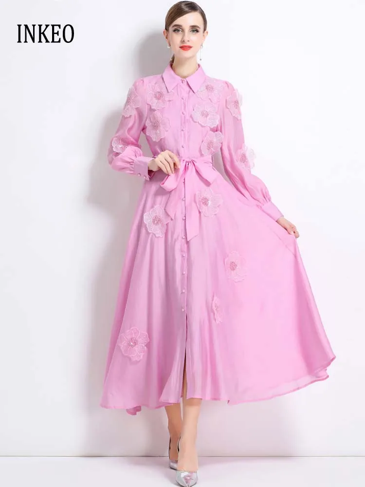 Długa sukienka koszulowa z cekinami i kwiatowym wzorem Damska Jesień 2025 Luksusowe Sukienki Maxi z długim rękawem i paskami Elegancka Jednolita INKEO 5D239