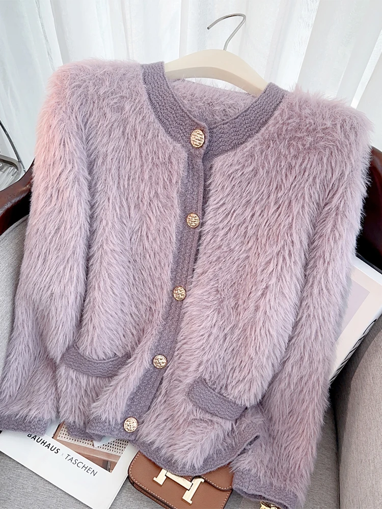 Women's Purple Mohair Cardigan Sweater Harajuku Korean Y2k Long Sleeves Cashmere Luxury Sweaters Jumper Vintage 2000s Clothes