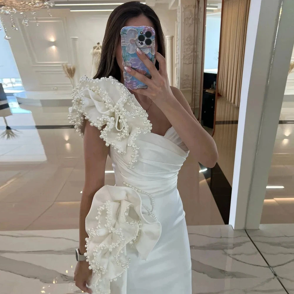 Customized One Shoulder Pearls Prom Dresses Ruffles Mermaid Evening Gown Ivory Pleated Satin vestidos de fiesta