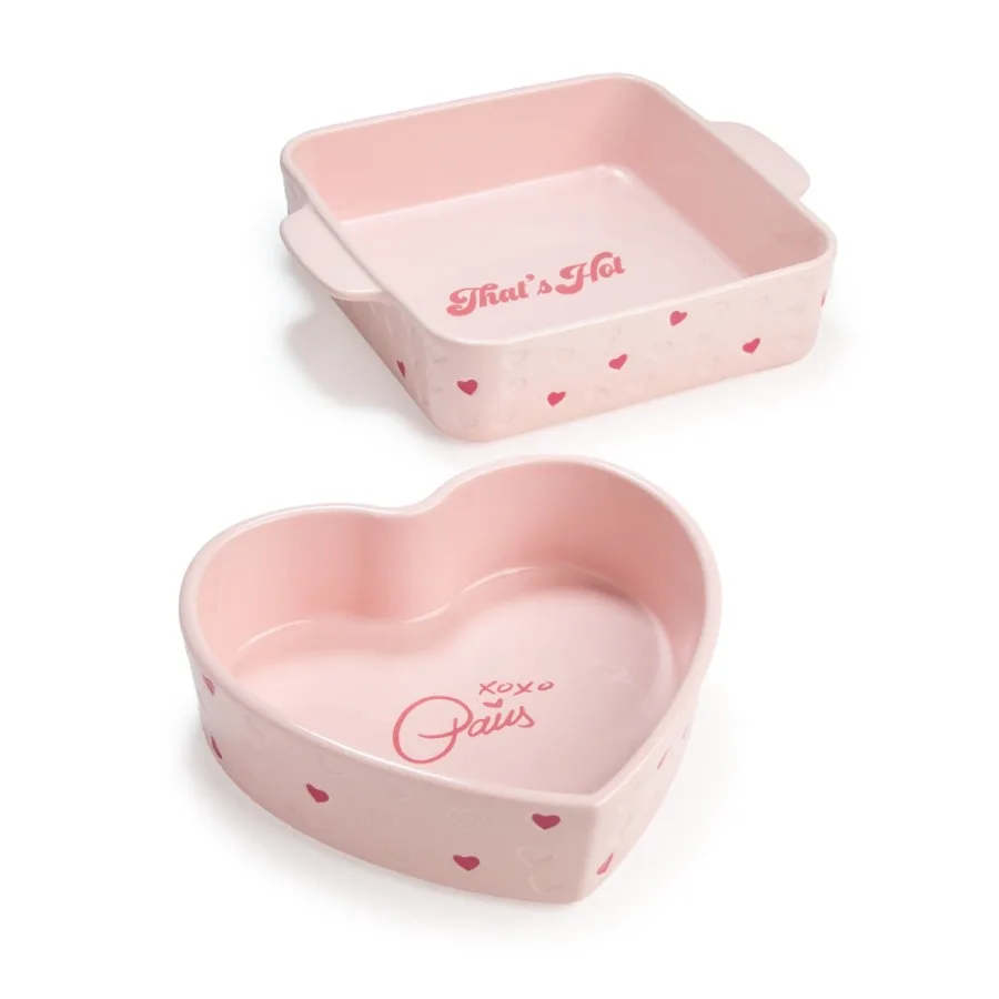 

2-Piece Ceramic Nonstick Baking and Casserole Dish Set, Square and Heart-Shaped, Stoneware Baking Set, Pink