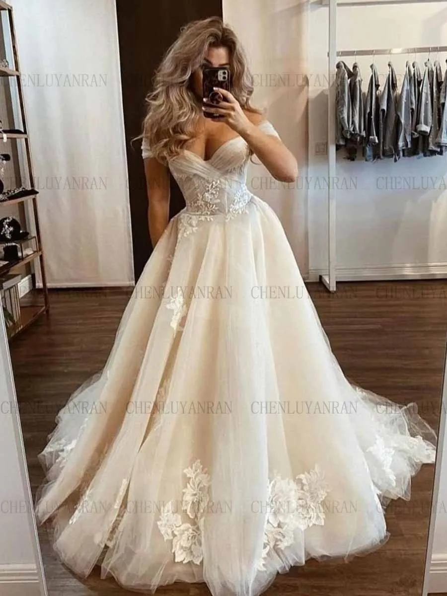 

Champagne Sweetheart Wedding Dresses Applique Pleat Sexy Bride Gown A-Line Applique Long Dresses For Women 2023 robe de mariée