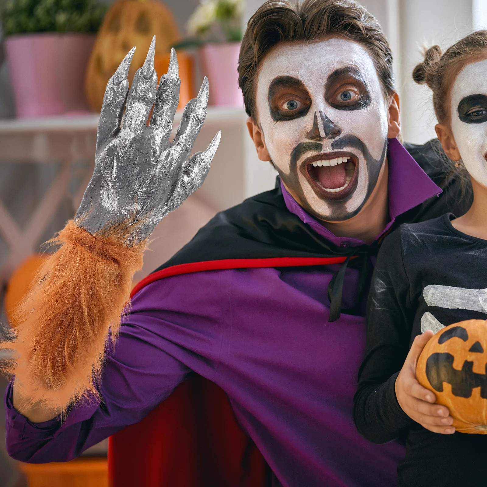 1 زوج هالوين الذئب باو مخالب زي شعر الحيوان الأيدي الرعب قفازات مخيفة للرجال النساء ديكور الحفلات فروي الذئب