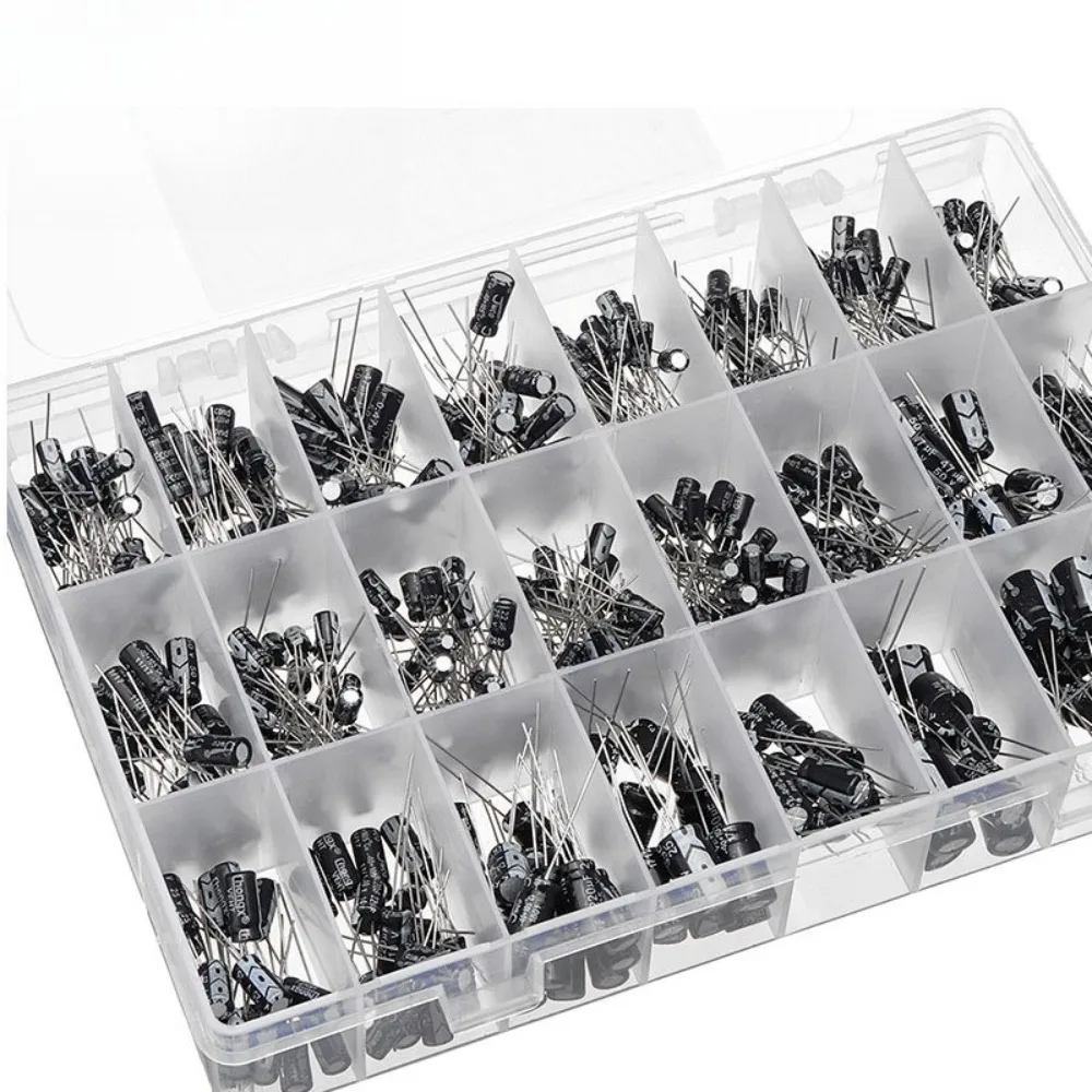 Kit d'assortiment de condensateurs électrolytiques, 500 pièces, 24 valeurs, 0 1uF à 1000uF, condensateurs radiaux à large plage avec boîte de rangement pour Po