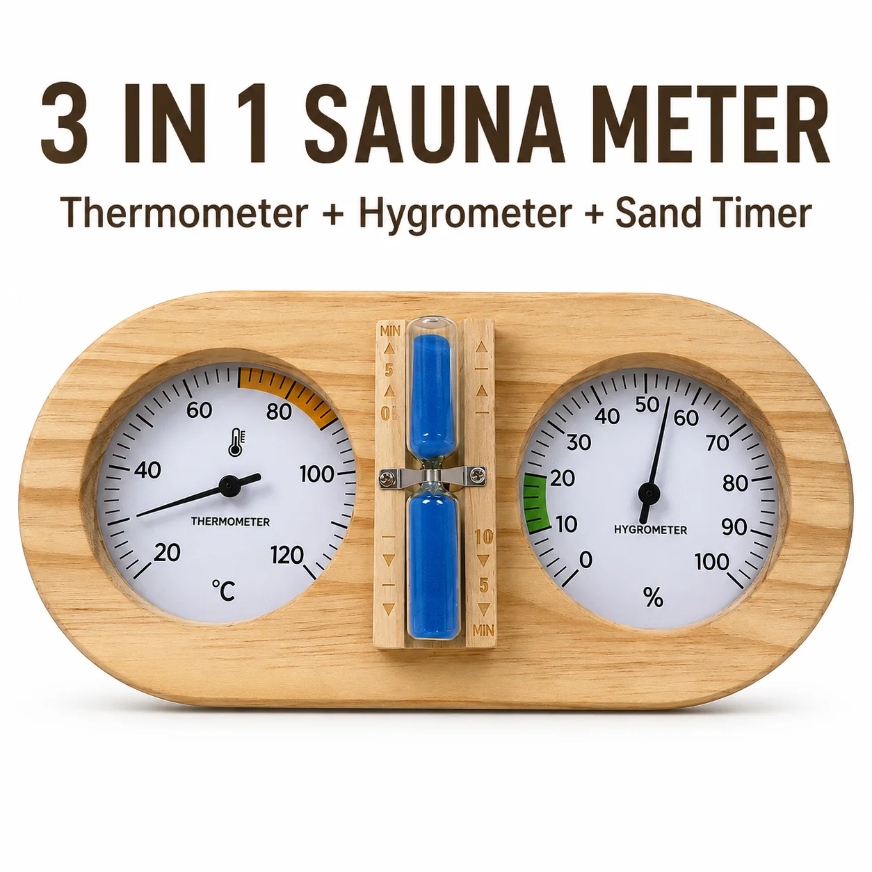 3-in-1 Wooden Sauna Thermometer Hygrometer with Sand Timer, Wall Mounted Sauna Room Temperature Humidity Gauge for Steam Room