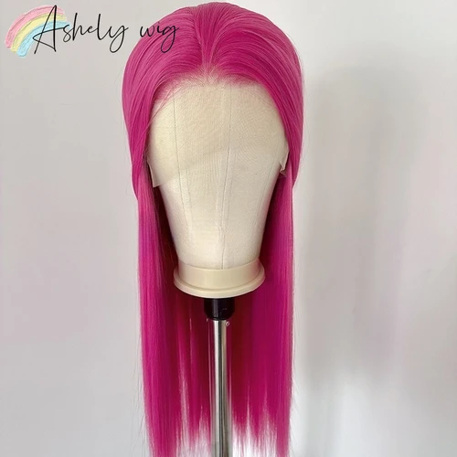 Imagen 2 del producto Peluca con malla Frontal rosa fuerte, peluca de Cosplay Mira, peluca de pelo largo y liso de 26 pulgadas, peluca Frontal de encaje 13*4, Cosplay de Anime, fibras de alta calidad