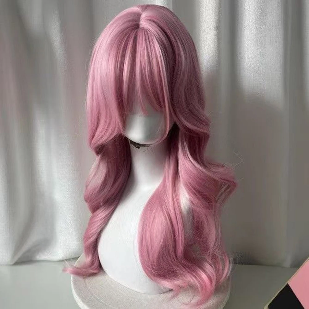 วิกผมสีชมพู ผมยาว ผมเทียมเลียนแบบผมอนิเมะ อุปกรณ์เสริมสำหรับเกม คอสเพลย์ หมวกคลุมศีรษะแบบเต็ม ทรงผมหยิก อุปกรณ์ประกอบฉากถ่ายภาพ