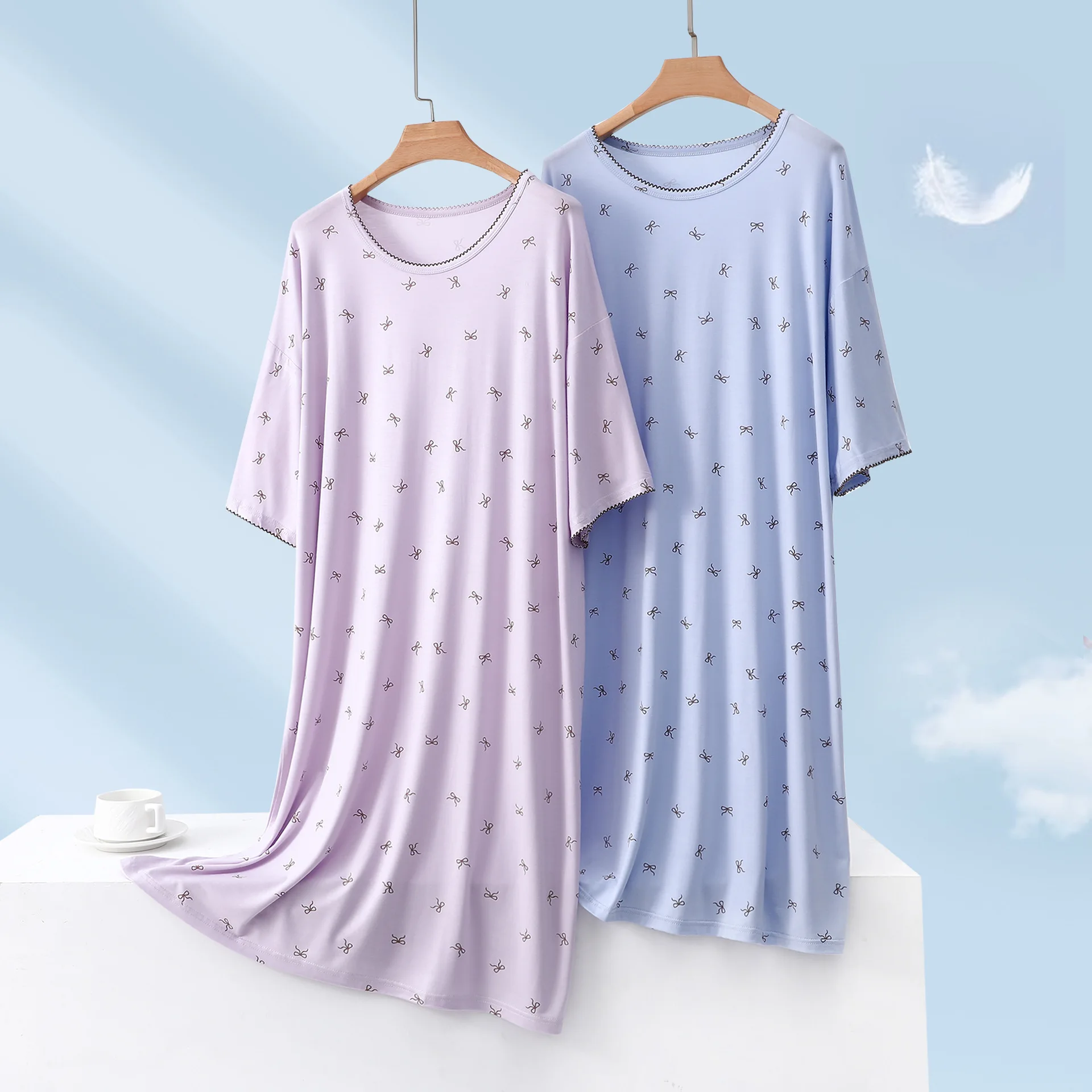 High quality Sleepdress Summer comfortable homewear dress Mid-Length Cute nightdress Bowknots Print nightdress solid color