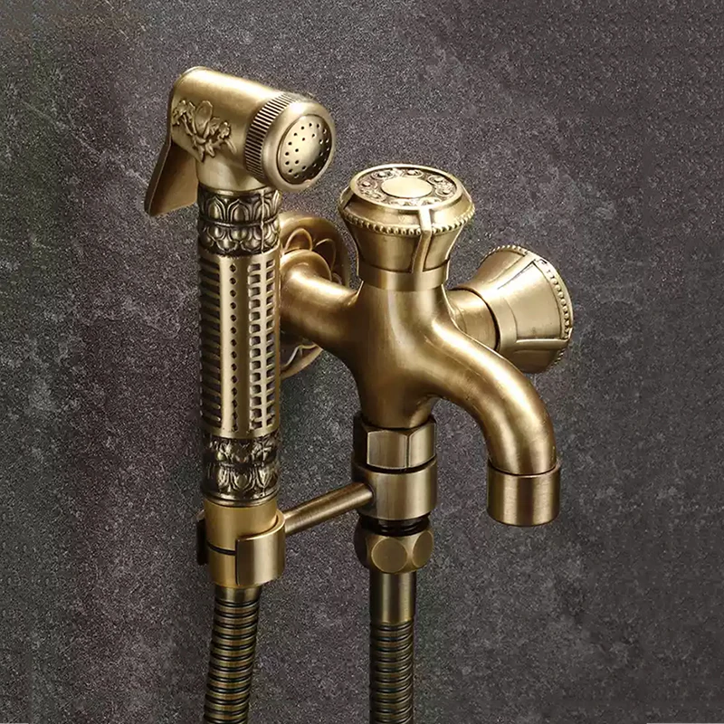 Hand Held Bidet Sprayer Douche Toilet Kit Copper Engrave Shattaf Shower Head Antique Valve Set Jet Bidet Faucet Set Bidet Set