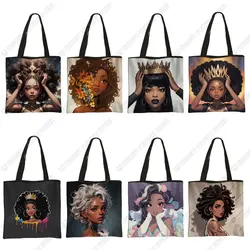 Afro Women Tote Bags Fashion Black Women Handbag African Cartoon Girls Large Capacity Shoulder Bag Ladies Reusable Shopping Bag