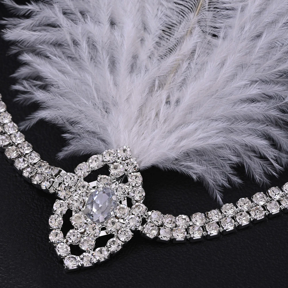 خمر 1920s الأبيض ريشة عقال غاتسبي النساء إكسسوارات الشعر تصميم العرقية حجر الراين رئيس سلسلة الزعنفة حفلة موسيقية مجوهرات هدية #4