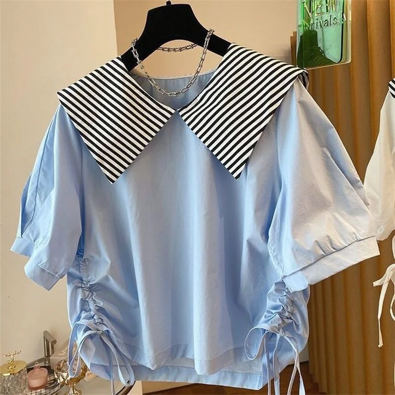 Women Korean Style Striped Lapel Shirt Elegant Drawstring Hem Cropped Top Summer Navy Doll Collar Short Sleeve Loose Blouse