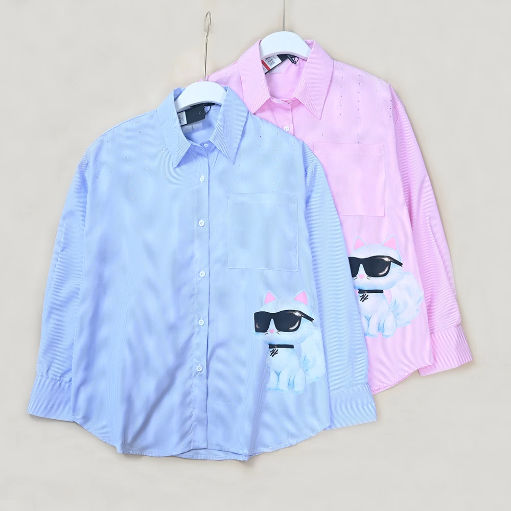 

New Ladies Cool Feeling Micro Elastic Rhinestone Cartoon Screen Print Pattern Wide Stripe Long Sleeve Shirt Comfortable Breat...