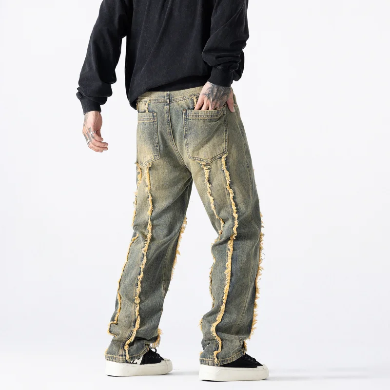 

JSX671 Осенние новые высококачественные американские ретро персонализированные лоскутные мужские свободные прямые джинсы с бахромой