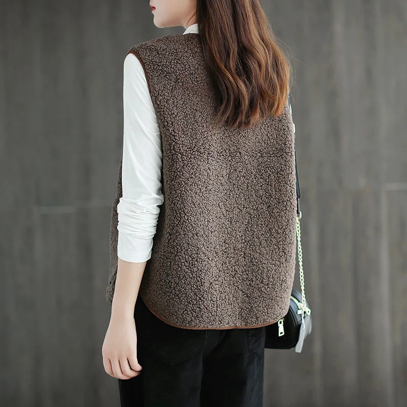 Vests New Autumn Winter Women Button Waistcoat Lamb Wool Winter Thermal Warm Thick Fleece Vests Sleeveless Jacket Ladies Coats