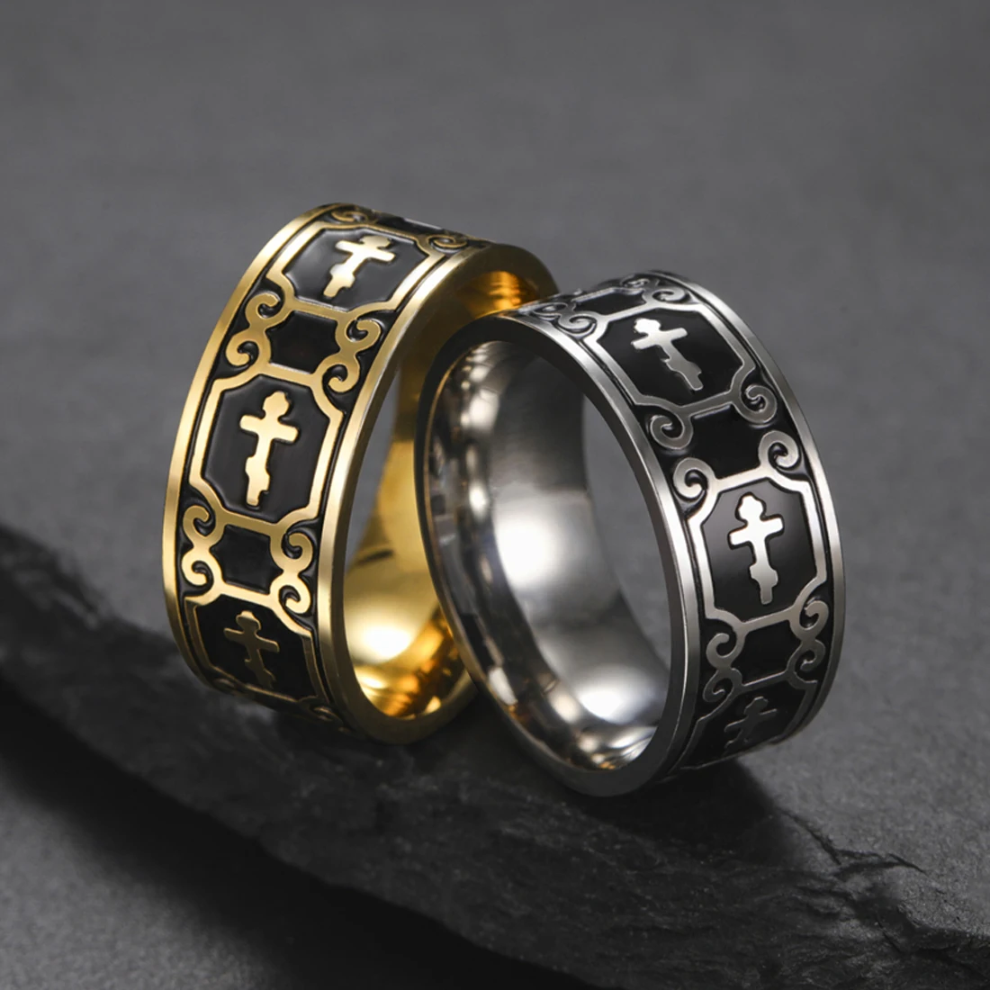 

EUEAVAN Filigree Cross Rings Stainless Steel Black Style Classic Prayer Ring for Women Men Christian Amulet Jewelry Wholesale