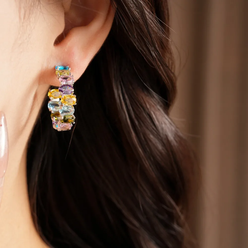 Fashion Exquisite Prong‑Set Colorful Oval Zircon Stud Earrings for Women Anniversary Banquet Evening Dress Accessories Jewelry