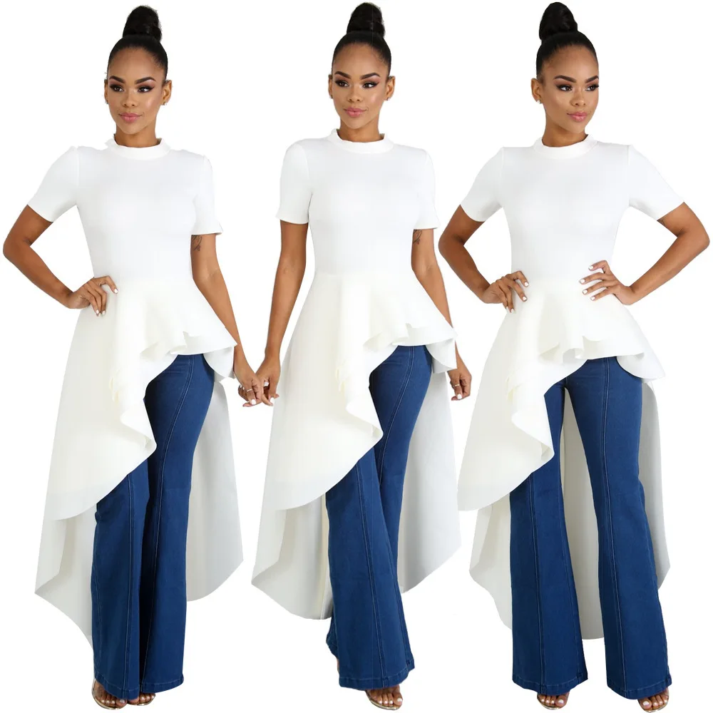Plus size Women\'s Evening Dress Irregular Ruffle Short Sleeves Skirt Solid Color Zipper Sexy Temperament Party Dresses