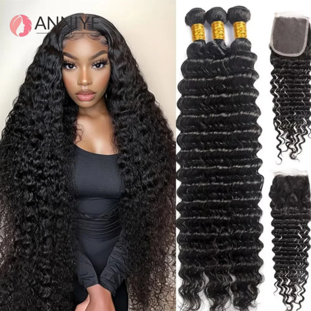 

12A Deep Wave Bundles Human Hair With Closure Brazilian Weaving 3 Bundles With 4x4 Lace Closure Virgin Hair Raw Hair Extension