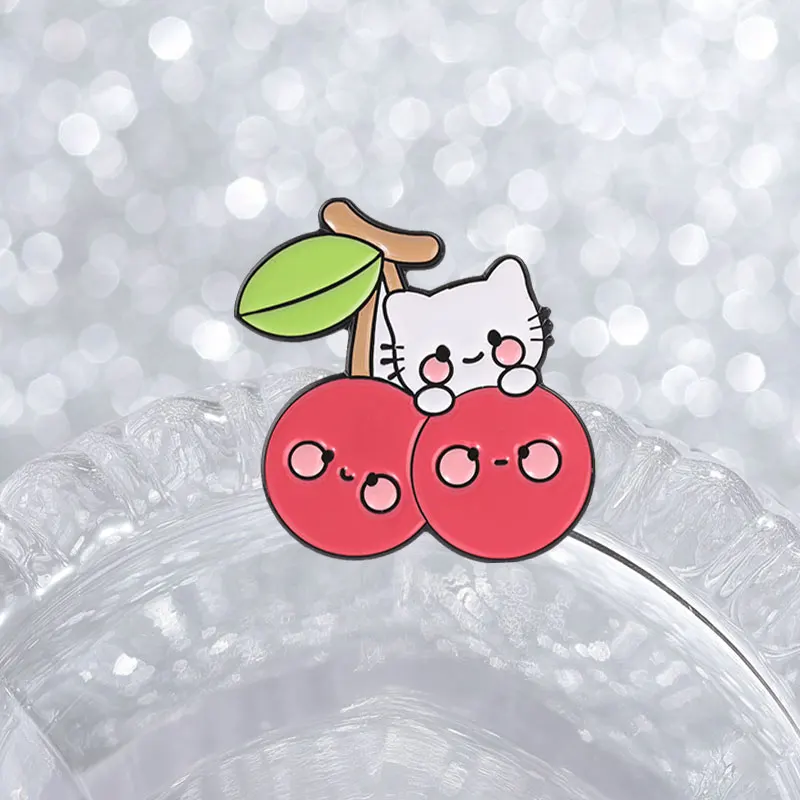 Lustiges Paar Cartoon-Kirsch-Katzen-Emaille-Pin, Niedliche Rote Frucht Cartoon-Katzen-Brosche, Taschen- und Revers-Anstecknadel, Modeschmuck-Geschenke – Detail 5