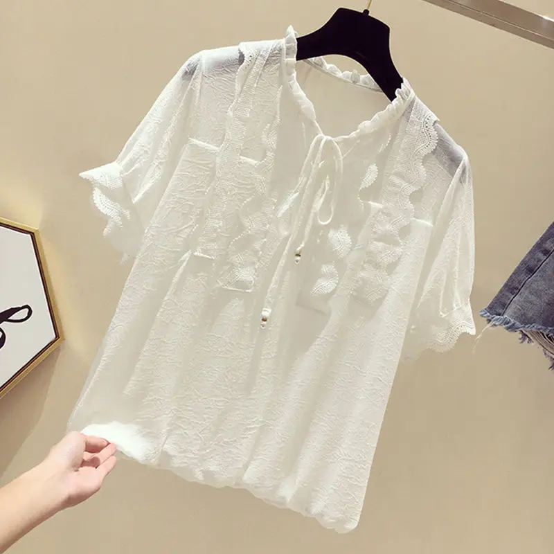 Casual Short Sleeve Wooden Ear Edge Shirt for Women\'s Summer New Korean Version Versatile Loose Slimming Elegant T-shirt Top