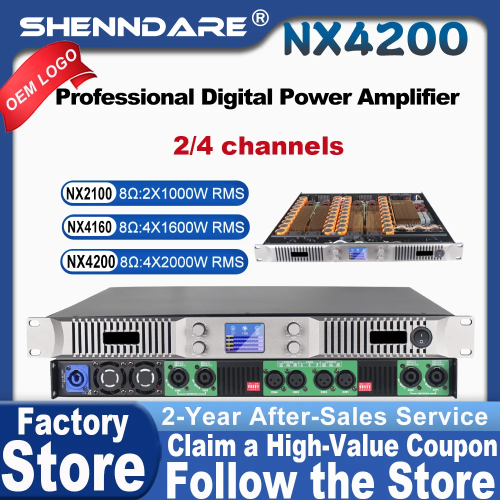 SenMicre NX42000 전문 디지털 전력 증폭기 4x2000W 8OHM 4CH 클래스 D 서브우퍼 증폭기 DJ 라인 어레이 스피커 프리앰프 4x3000W 4OHM 사운드 앰프 2/4 채널 고출력 스테이지 성능 가라오케 프리앰프